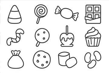 Halloween Candy Icons. Line style icons of Halloween sweets: candy corn, lollipop, wrapped candy, chocolate bar; gummy worm,
