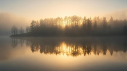 Fototapeta premium Misty morning sunrise over calm lake with serene forest reflections, golden light breaks through trees