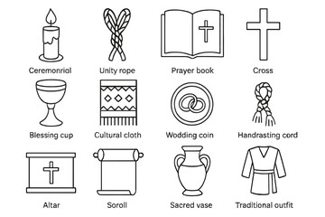 Religious Line Icons. Line style icons of religious and cultural items: ceremonial candle, unity rope, prayer book, cross icon;