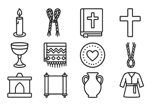 Religious Line Icons. Line style icons of religious and cultural items: ceremonial candle, unity rope, prayer book, cross icon;
