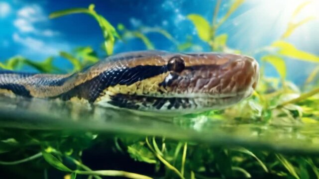 A close-up view of a reticulated python swimming in a shallow body of water surrounded by vibrant aquatic plants.