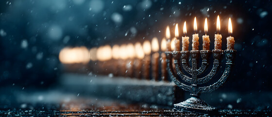 Hanukkah menorah with candles on dark blue background with snowfall. Happy Hanukkah banner template, greeting card design with Jewish candle holder. 3d render illustration