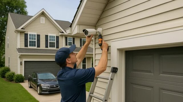 Homeowner cleaning gutters residential area diy project suburban environment upward view home maintenance tips