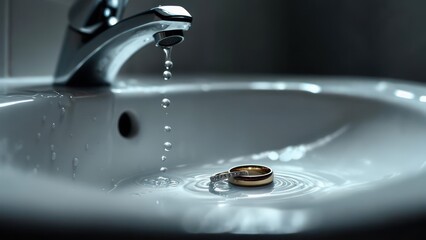 Symbolic wedding rings in sink with dripping water evoke themes of loss and change