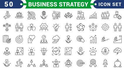 Business strategy set of web icons in line style. A collection of linear icon representing key business concepts, including market analysis, strategy, leadership, innovation, planning. Editable stroke