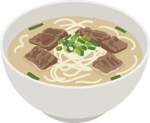 A bowl of beef noodle soup, garnished with green onions.