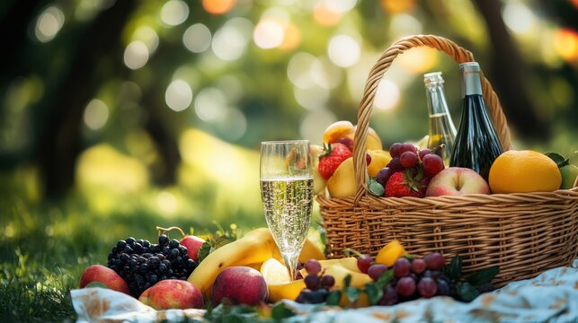 Picnic basket filled with fresh fruit and drinks on a grassy surface.