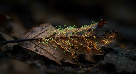 In a dynamic macro view, a decomposing leaf is transformed by a glowing mycelial network, its intricate fungi regenerating new plant life to visualize circular ecology