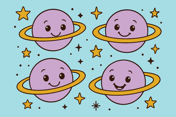 Four cute cartoon planets with rings and stars in outer space