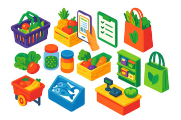 Healthy Grocery Icons. Isometric vector illustration set Grocery shopping for health: healthy shopping basket, organic produce