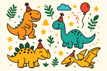 Cute cartoon dinosaurs wearing party hats celebrating a birthday with balloons and confetti