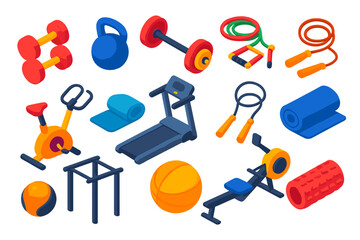 Colorful Gym Equipment Icons. Isometric vector illustration set Fitness equipment: dumbbells, kettlebell, barbell with plates,