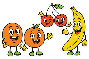 Happy cartoon fruits waving and smiling together on a white background