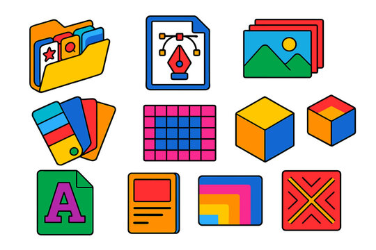 Creative Asset Collection. Isometric vector illustration set Creative assets: icon library folder, vector design file, stock photo