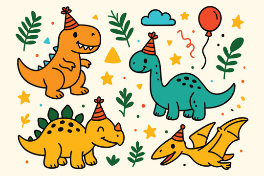 Cute cartoon dinosaurs wearing party hats celebrating a birthday with balloons and confetti