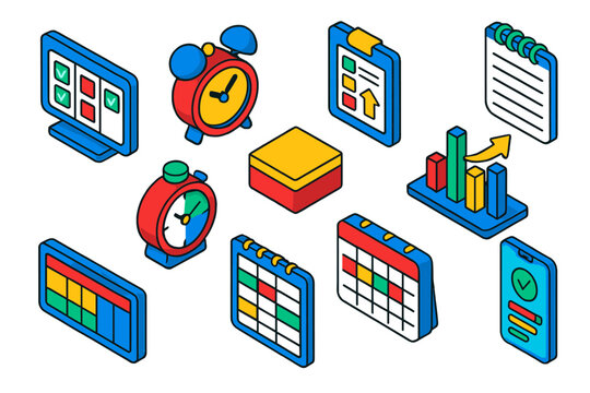 Isometric Productivity Icons. Isometric vector illustration set Personal productivity: to-do list board, reminder alarm clock,