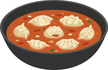 A black bowl of spicy red soup filled with delicious steamed dumplings, garnished with chili and herbs.