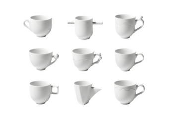 Collection of nine unique white tea cups, isolated on transparent background, showcasing diverse designs and styles for every tea lover