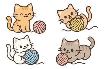 Four adorable cartoon kittens playing with balls of yarn in a cute illustration