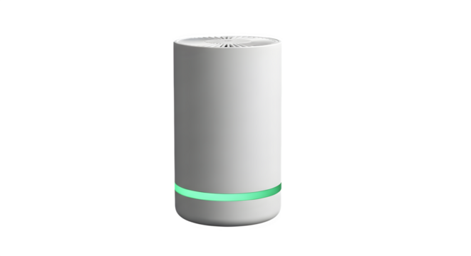 Smart air purifier with green light isolated on transparent background, designed to improve air quality and create a healthier indoor environment
