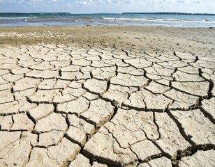 Dry cracked earth by a shoreline