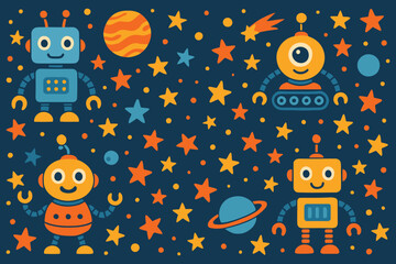 Cute cartoon robots and planets floating in a starry outer space background