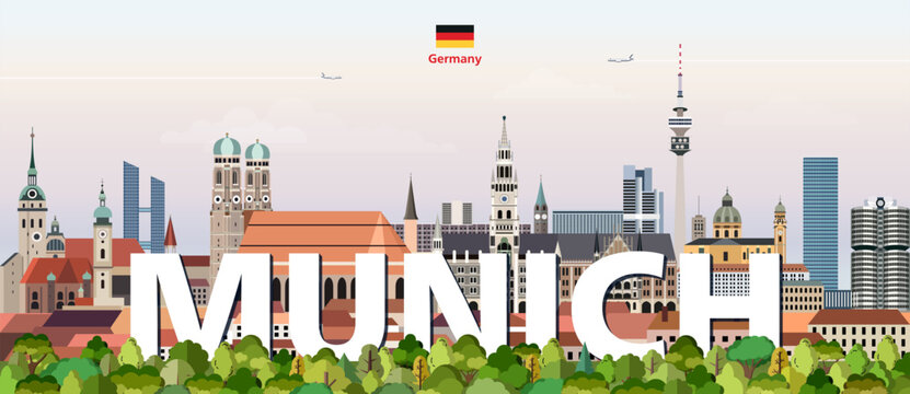 Munich cityscape colorful vector illustration with a big city name on the background. Travel trendy poster
