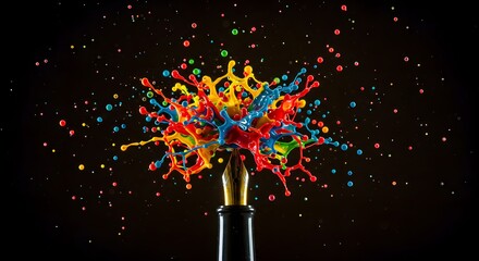 A vibrant explosion of colorful liquid paint droplets erupts from an elegant fountain pen, visualizing a dynamic brainstorm and idea generation session