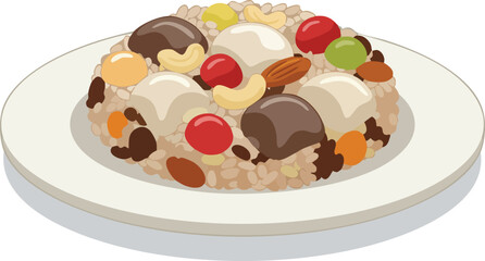A plate of sweet rice with nuts and candied fruits.
