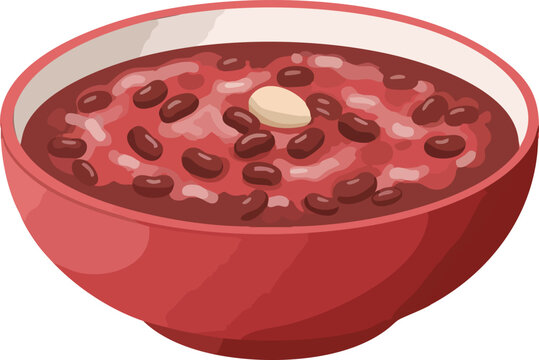 A close-up illustration of a red bowl filled with sweet red bean soup, garnished with a single almond.