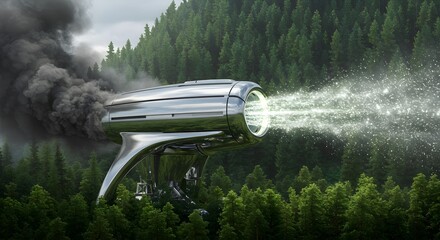 A massive, elegant chrome and glass machine, seamlessly integrated into a living forest, visualizes carbon capture by drawing in dark smoke and releasing sparkling, pure air in rhythmic pulses