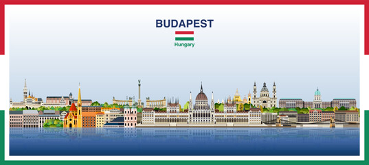 Obraz premium Budapest city skyline with a frame border in the colors of the flag of Hungary. Vector illustration