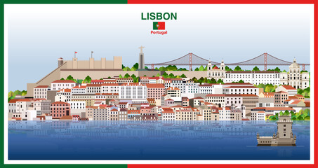 Lisbon city skyline with a frame border in the colors of the flag of Portugal. Vector illustration