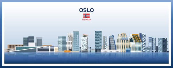 Oslo city skyline on a beautiful day sky background with a gradient frame border. Vector illustration