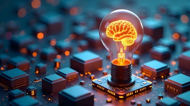 Artificial intelligence concept with glowing brain shaped light bulb on futuristic circuit board representing machine learning, innovation, neural network, and digital technology