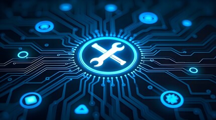 Digital Technology Maintenance Concept with Tools Icon, Futuristic Circuit Board Background, System Repair, Software Support, Hardware Service, Cyber Tech Innovation