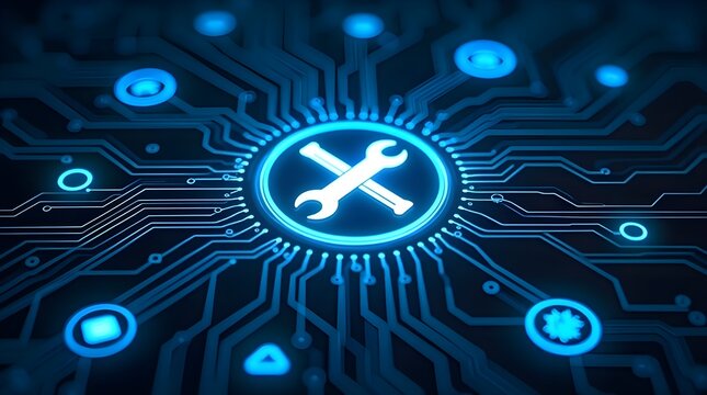 Digital Technology Maintenance Concept with Tools Icon, Futuristic Circuit Board Background, System Repair, Software Support, Hardware Service, Cyber Tech Innovation