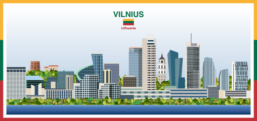 Vilnius city skyline with a frame border in the colors of the flag of Lithuania. Vector illustration
