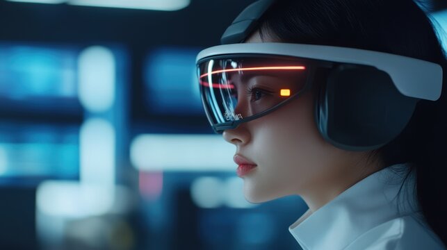 Futuristic woman wearing augmented reality glasses explores virtual world immersed in advanced technology and digital innovation