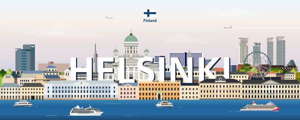 Helsinki cityscape colorful vector illustration with a big city name on the background. Travel trendy poster