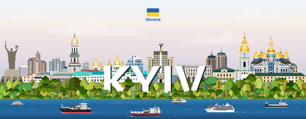 Kyiv cityscape colorful vector illustration with a big city name on the background. Travel trendy poster