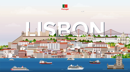 Lisbon cityscape colorful vector illustration with a big city name on the background. Travel trendy poster