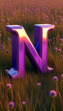 purple flowers in the grass, letter "N", 3d letters, letter, alphabet, alphabet letters, art letter, art, illustration, illustrative letter