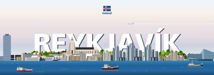 Reykjavik cityscape colorful vector illustration with a big city name on the background. Travel trendy poster