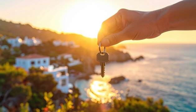 Hand holding a house key against coastal sunset background symbolizing real estate investment, vacation home ownership and lifestyle dreams by the sea