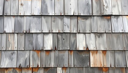 Weathered wood cladding panels exhibit a repetitive, square pattern, showcasing various shades of gray and hints of brown.