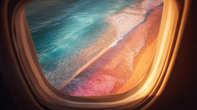 Fototapeta Aerial view of ocean waves washing over a sandy beach seen from airplane window