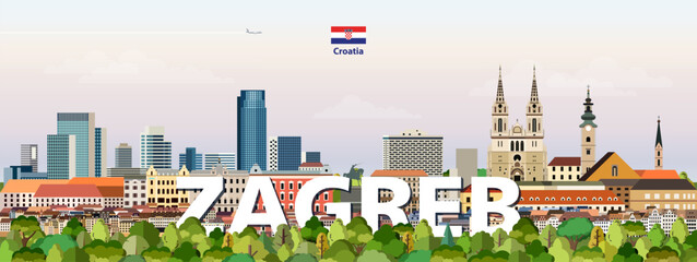 Zagreb cityscape colorful vector illustration with a big city name on the background. Travel trendy poster