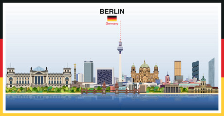 Berlin city skyline with a frame border in the colors of the German flag. Vector illustration