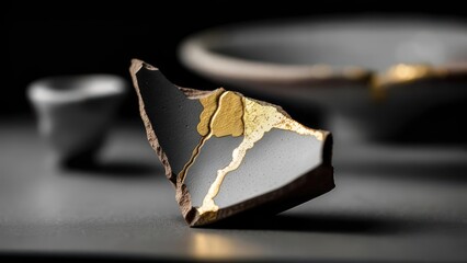 Elegant kintsugi repair on broken ceramic shard showcases beauty in imperfection and resilience